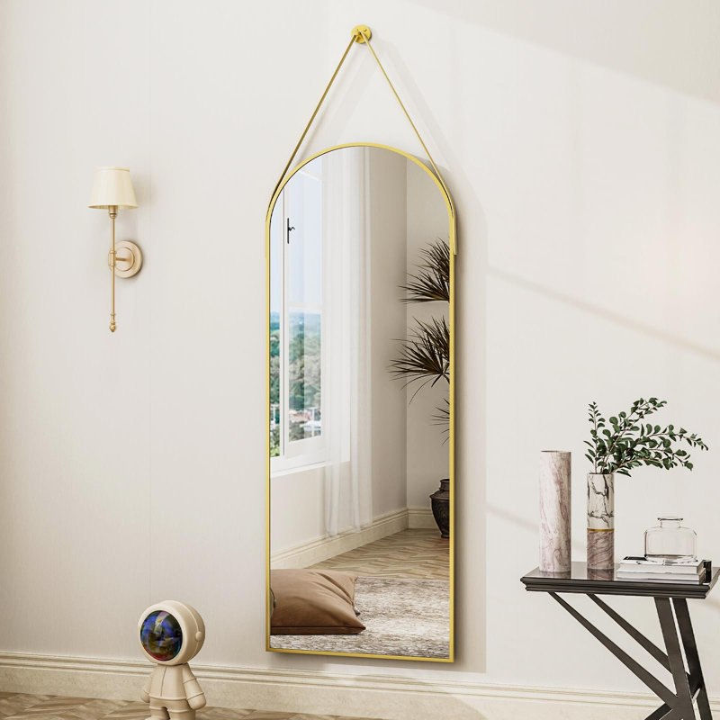 Miroir arqué avec sangle en cuir Miroir pleine longueur, Doré