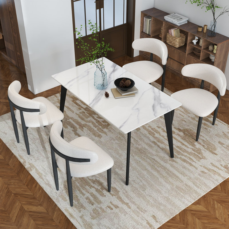 Juvan 5-Piece Modern Rectangular Sintered Stone Dining Table Set With 4 Solid Wood Chairs, Beige/Black, Snow White, Black