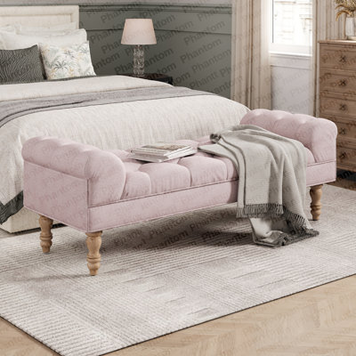 Banc de bout de lit capitonné, grand repose-pieds rembourré, repose-pieds avec pieds, tabouret avec accoudoirs roulés, banc en tissu rembourré, banc d'intérieur pour chambre à coucher, salon, entrée, rose