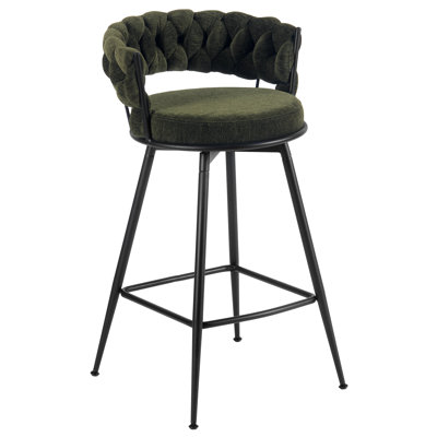Modern Green Upholstered Bar Stool With Woven Look Backrest & Fixed Black Metal Frame Stable Counter Height Stool For Kitchen Breakfast Bar Or Cafe, Set Of 1