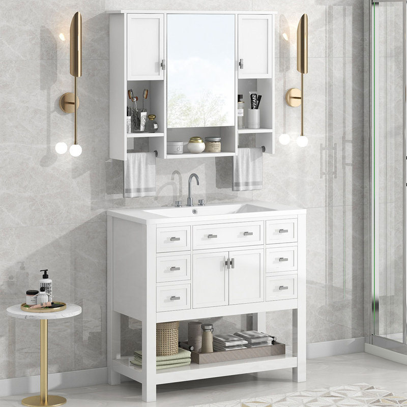 Ensemble de meuble-lavabo simple 36 po avec plateau en céramique et miroir Marelene, Blanc
