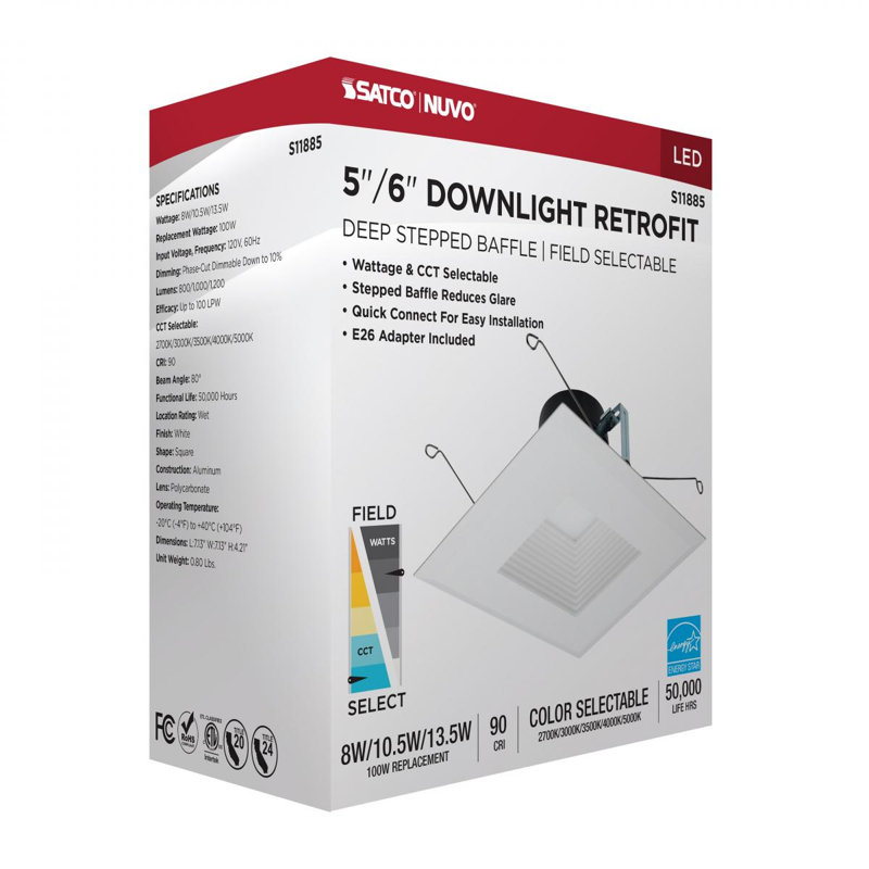 5" Square White Selectable CCT Dimmable LED Recessed Lighting Kit