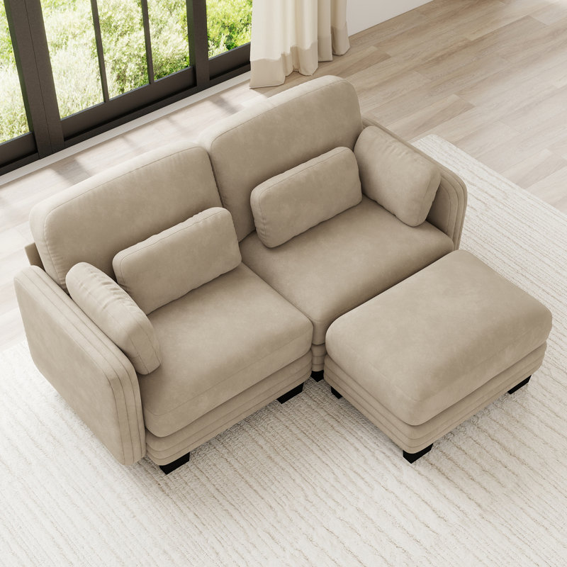 Causeuse en chenille, capitonnée, modulaire, 2 pièces, causeuse avec repose-pieds mobile, chameau, coussins en mousse haute résilience