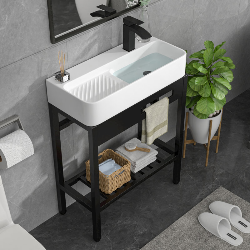 Freestanding Utility Sink Ceramic Rectangular Console Bathroom Sink Wall-mount Bathroom Basin with One Faucet Hole,Washboard,Stainless Steel Bracket