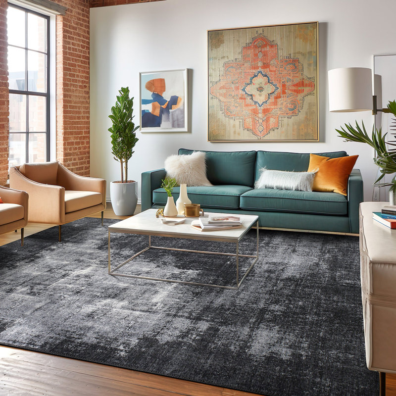 Priebe Machine Washable Abstract Black/Gray Flatweave Area Rug, Rectangle 7'6" x 9'6"