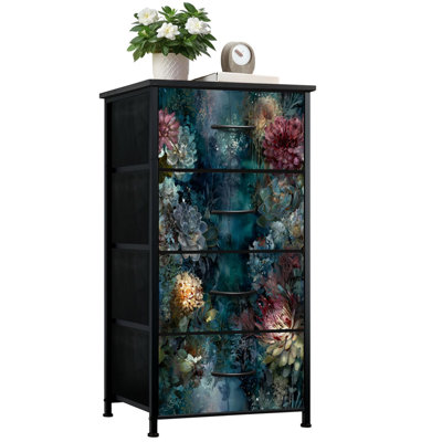 4 Drawer Vertical Storage Dresser Botanical Ornament Flowers with Wood Top Fabric Pull Drawers