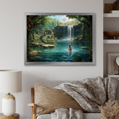 «Woman Bathing Paradise Blue Lake Waterfalls I», reproduction d'art sur toile
