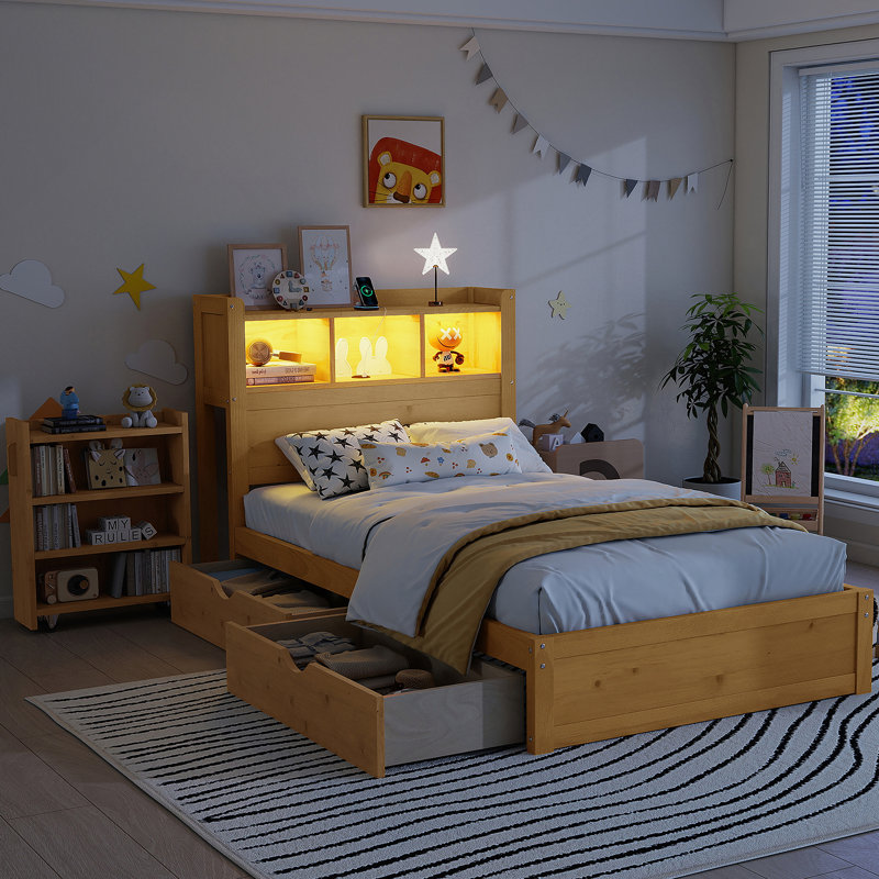 Lit plateforme avec tiroirs, lit en bois avec tête de lit et armoire de rangement escamotable, lit en bois avec lumière et douille