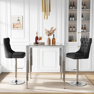 Modern Square Glass Bar Table Set, 37" Clear Tempered Glass Top And Irregular Stainless Steel Legs, Velvet Padded Swivel Bar Stools With Tufted Back And Nailhead Trim