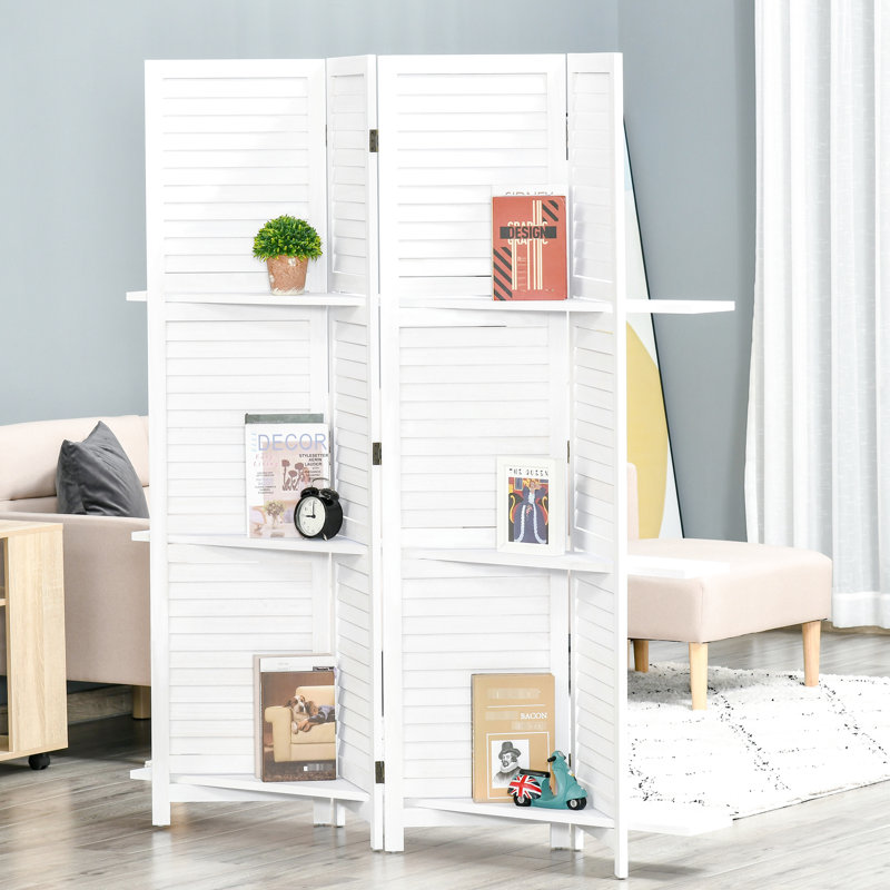 Paravent 67 po en bois à 4 panneaux, 3 tablettes de présentation, pliable pour le bureau de la maison et de la chambre à coucher, paravent blanc avec bureau / chambre à coucher