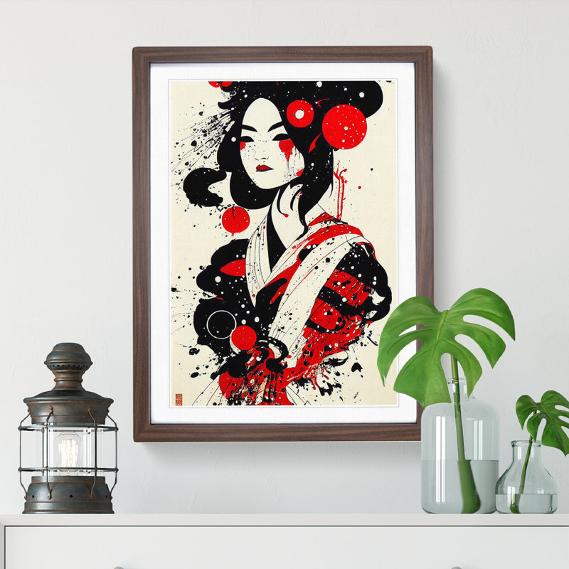 Graffiti Geisha - Single Picture Frame Painting, 64cm H x 46cm W x 2cm D, Walnut