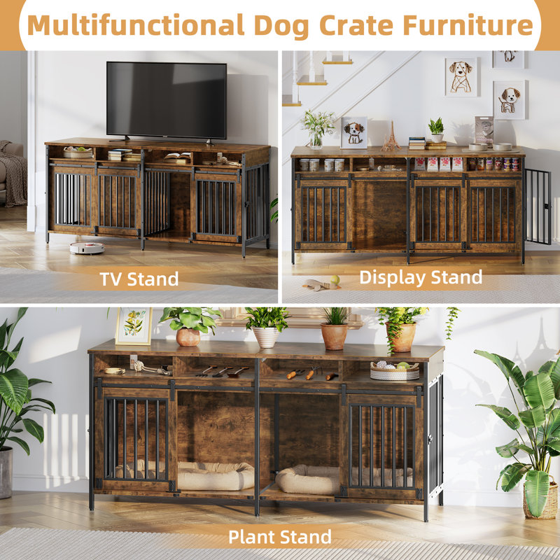 78.74'' Double Dog Crate Furniture with Removable Divider and 4 Compartments, Rustic Brown