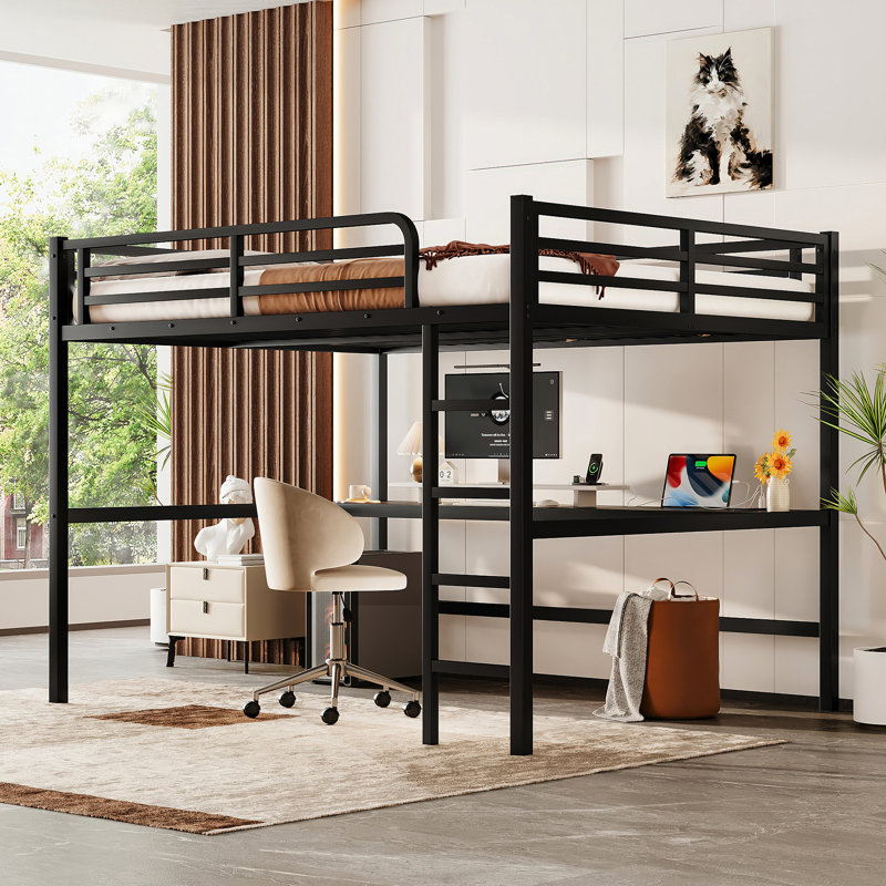 Grand lit mezzanine en métal, réduction du bruit, prise de courant, DEL intelligente, économie d'espace, configuration de la chambre à coucher, bureau, port, taille des barrières de sécurité, réduction, sortie, chambres compactes, rails de charge