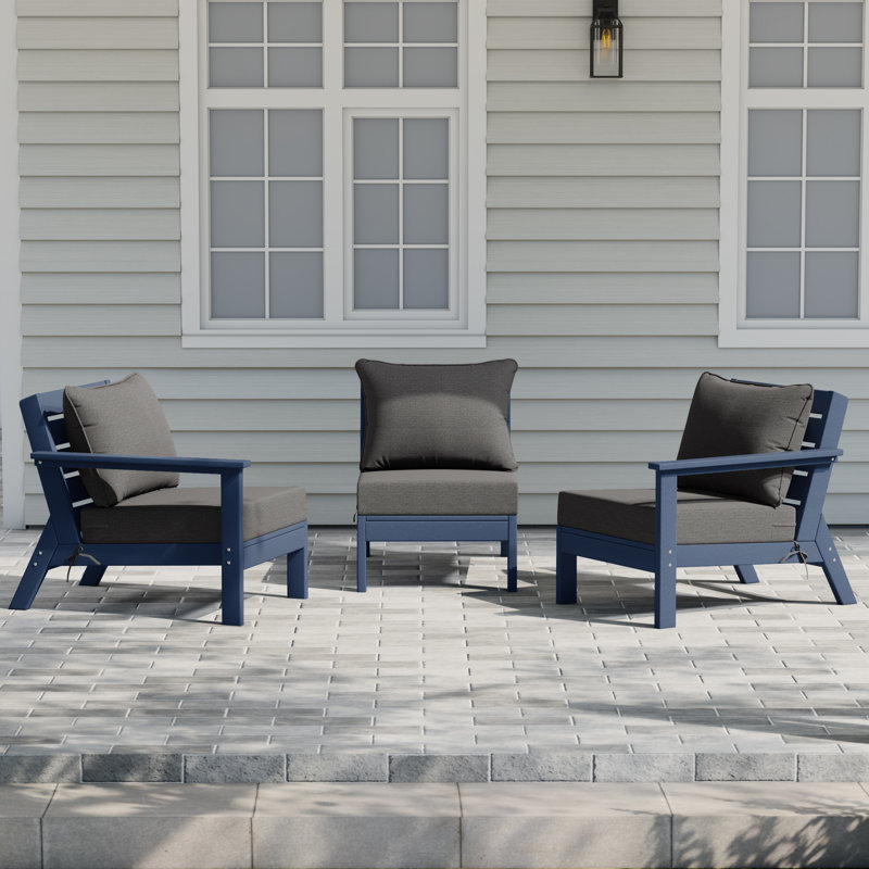 3-Piece Deep Seating Set With Cushions, Gray, Navy Blue