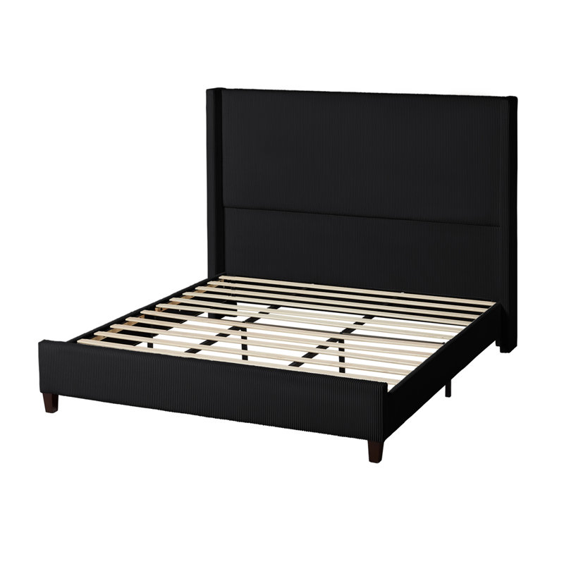 Queen Black Corduroy Upholstered Wingback Platform Bed