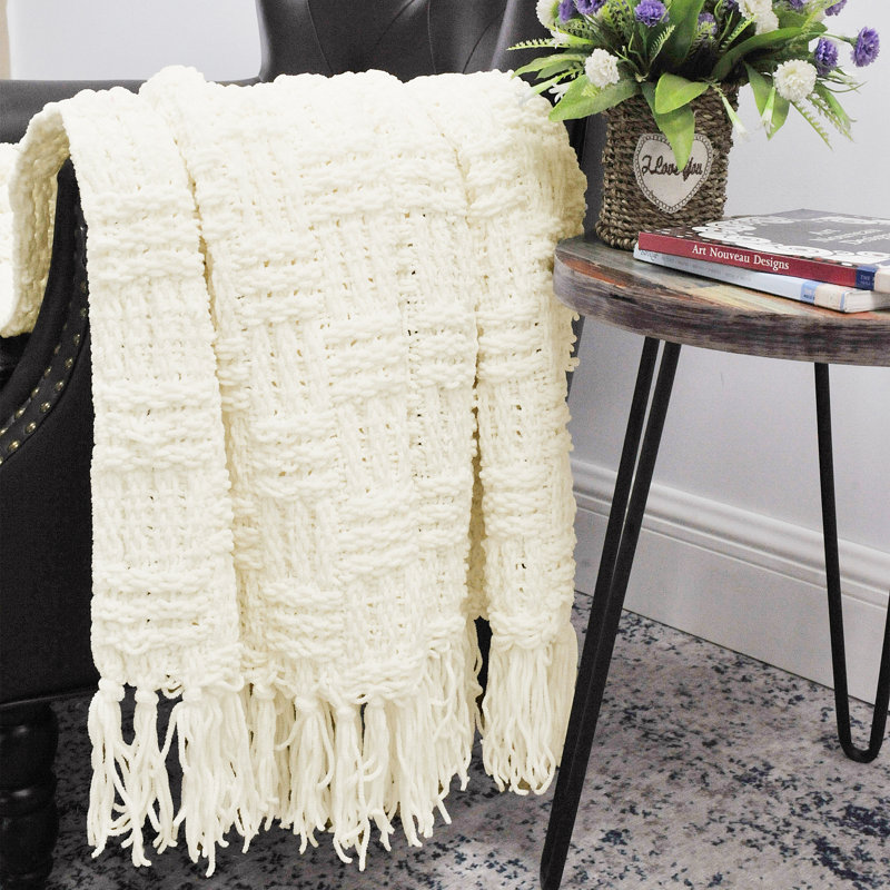 Antique White Cable Knitted Reversible Throw Blanket