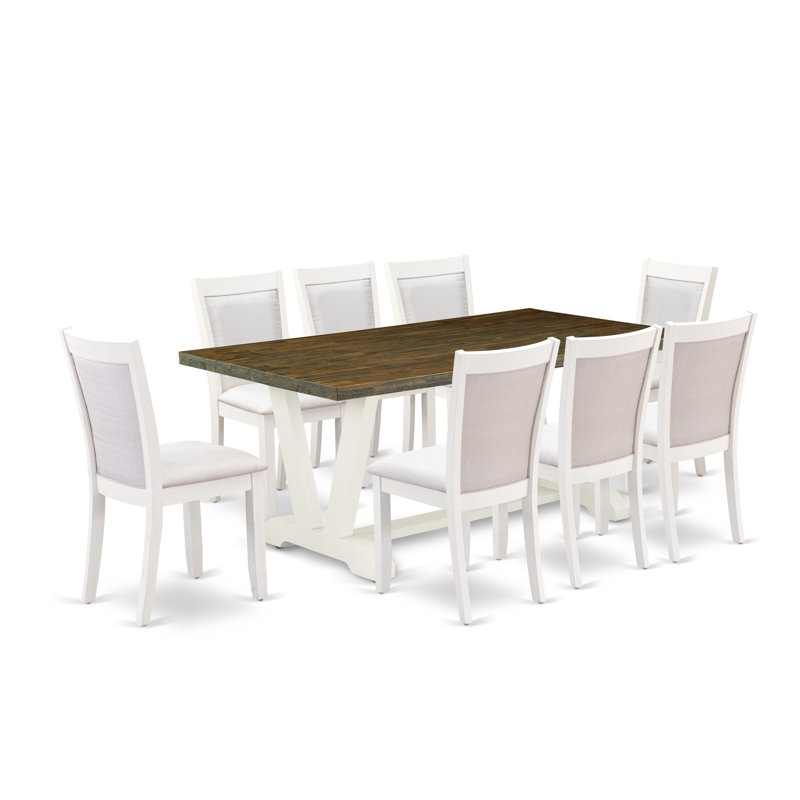 9-Pc Dining Set Contains a Distressed Jacobean Dining Table and 8 Cream Linen Fabric Dining Room Chairs with Stylish Back - Wire Brushed Linen White