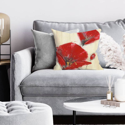 Three red flowers with texture - 16"x16" Throw pillow cover - Poly twill - Print on demand