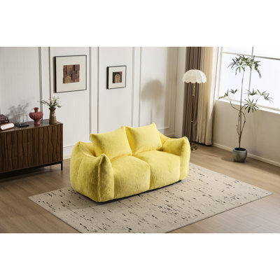 Fauteuil à billes jaune doux pour adultes, surdimensionné avec coussins et rembourrage déchiqueté à haute densité, sans assemblage, grand matériau en fausse fourrure, résilience parfaite