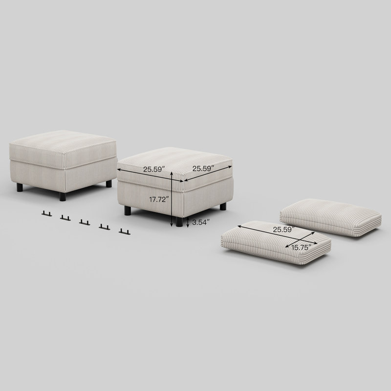 Rangement en velours côtelé 2 repose-pieds pour canapé modulaire et 2 coussins, Velours côtelé blanc
