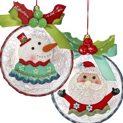 4.5" Disk With Felt Snowman Santa Ornament 