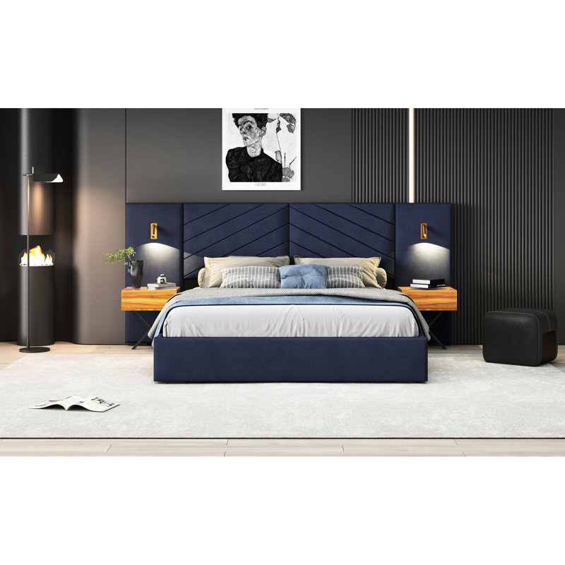 Très grand lit en velours avec rembourrage confortable et tête de lit réglable - Bleu rétro