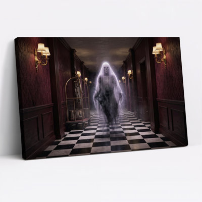 Purple Glowing Ghostly Skeleton in Checkered Halloween Canvas Wall Art