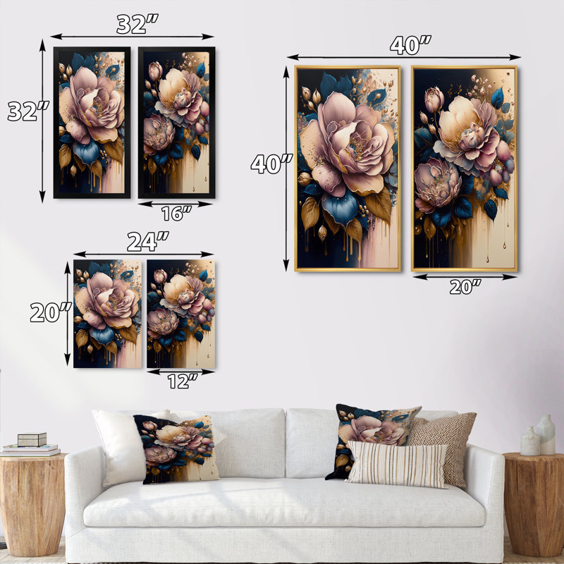 «Decadent Pink and Blue Roses», 2 pièces sur toile, Cadre noir, H 40 po x l 40 po