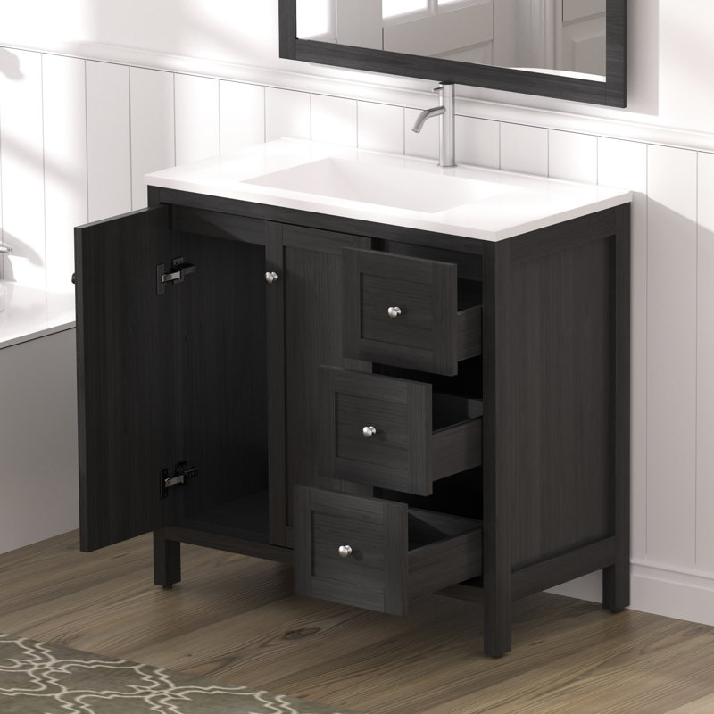 35.5" Bathroom Vanity, Black, Resin Basin, 3 Drawers, Soft Closing Slides, Splash, Plywood Material, Quick Setup Water- Surface, Easy