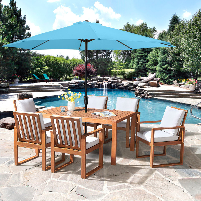 Weston 8 Pc Patio Dining Set Wood One 63" Table 6 Chairs With Cushions And 1 10-Foot Tilt Umbrella , Light Blue