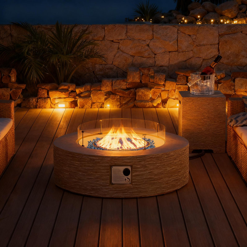 42-Inch Round Concrete Propane Fire Pit Table with Tank Cover and Wind Guard,Beige, Beige