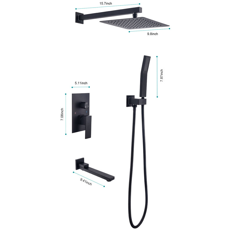 Wall Mounted Shower System 10" - Matte Black, Brass & Stainless Steel, Self-Cleaning Nozzle, Intense Water Jet, Complete With Accessories Rain Head Sus304, Air Injection To Increase And Flow,