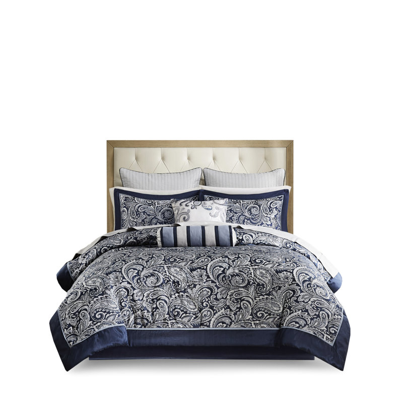 Ensemble de chambre à coucher grand bleu marine 12 pièces - Draps en coton, édredon style cachemire moderne et placage élégant
