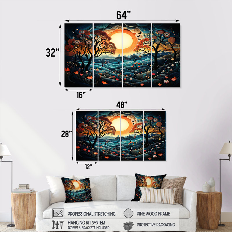 «Blue Horizon Of Heart Trees Landscape II», art mural sur toile 4 pièces, H 28 po x l 48 po