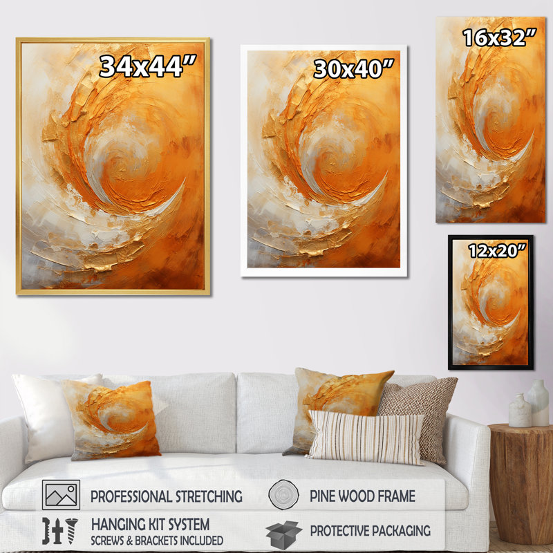 «Gold Orange Desert Mirage Spiral II - Abstract Spirals», art mural sur toile, H 32 po x l 24 po x P 1 po, Cadre doré simple