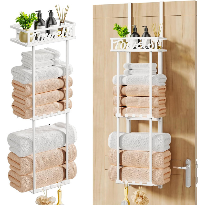 Porte-serviettes à 3 niveaux avec tablette et crochets - Organisateur de rangement de salle de bain au-dessus de la porte ou au mur