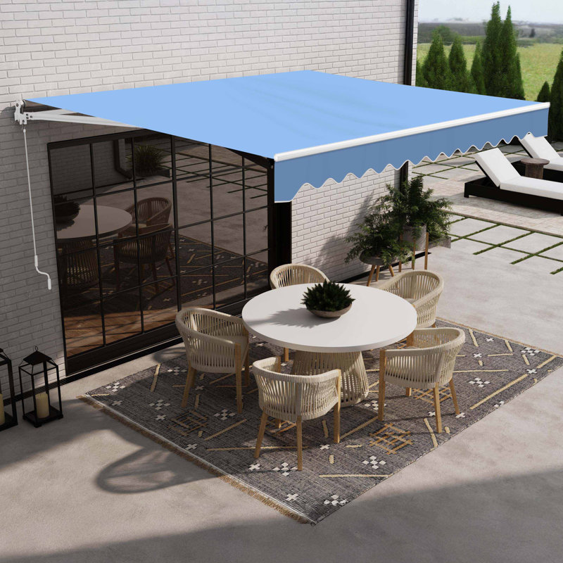ALEKO Motorized Retractable Outdoor Awning with White Frame, 12' W x 10' D, Sky Blue