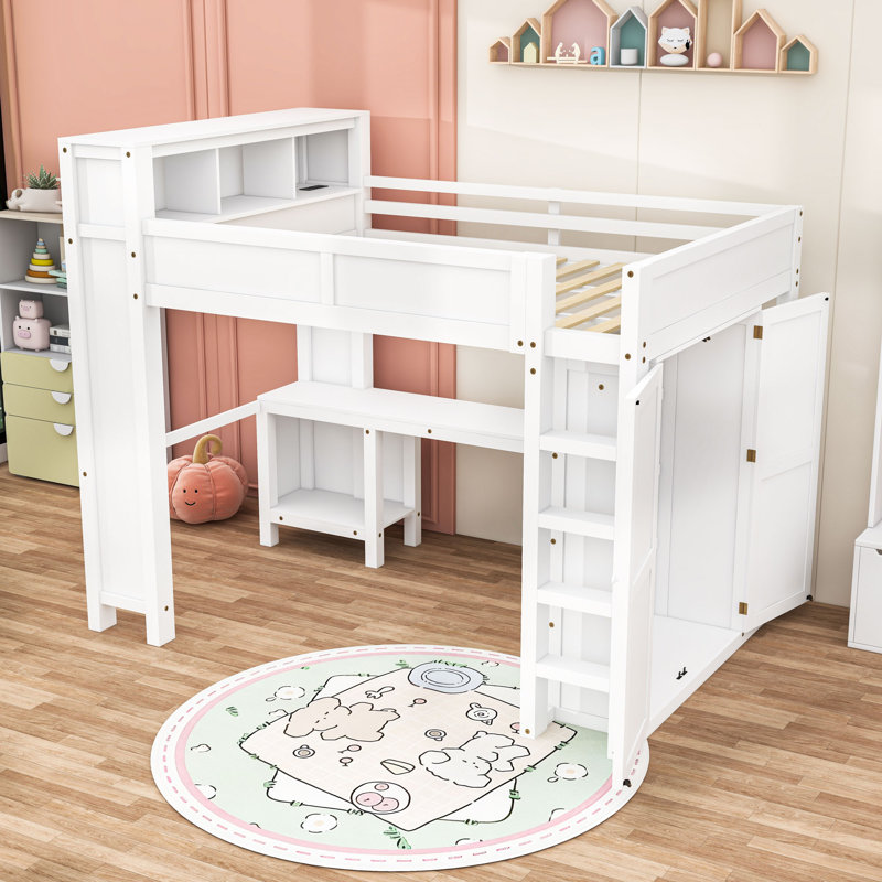 Grand lit mezzanine avec garde-robe, bureau, rangement et port USB, Blanc