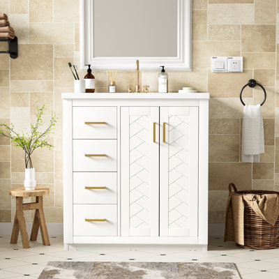 Solution de rangement pour salle de bain moderne en céramique et en bois élégamment combinée