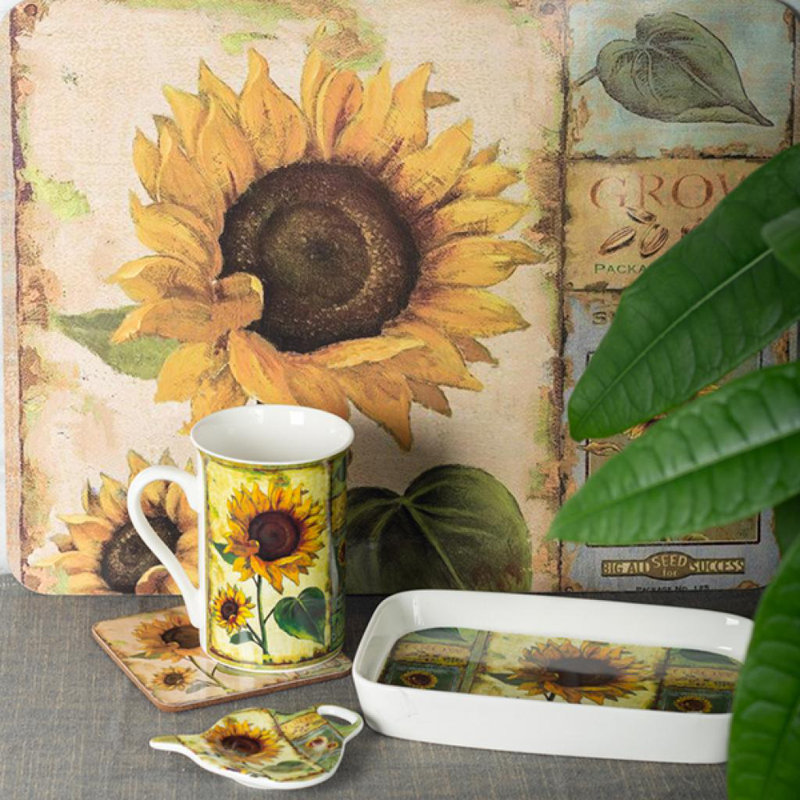 Plateau en porcelaine, tournesols
