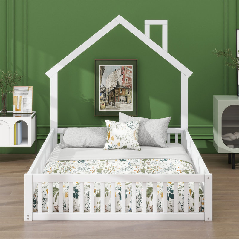 Wood House Platform Bed With Guardrail, White