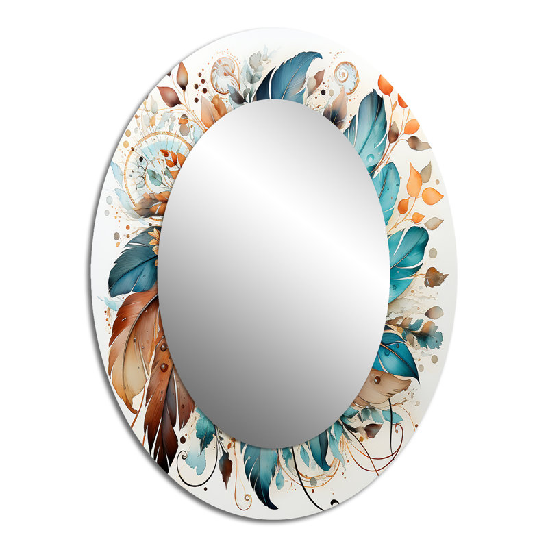 Boho Bouquet de fleurs en bleu et orange ambré I - Grand miroir mural ovale sur métal, 40 po x 30 po