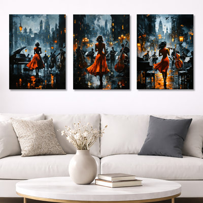 Ensemble de 3 pièces d'art mural en métal orange et noir à Harlem City I - paysage urbain