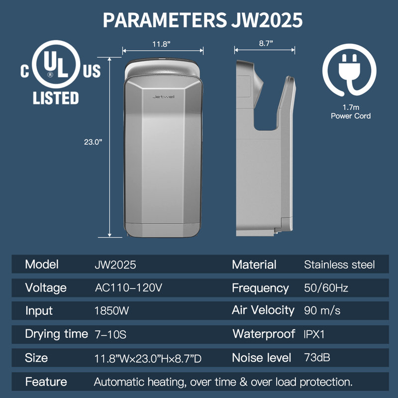 JETWELL Silver ABS Vertical High-Speed Hand Dryer with HEPA Filter