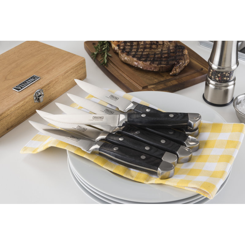 Viking Steakhouse Pakka Wood 6-Piece Steak Knife Set with Wooden Box, Black