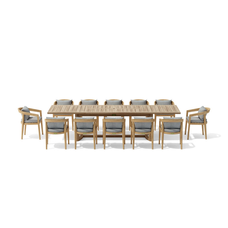 Outdoor 13 - Piece Teak Dining Set with Cushions, Light Gray