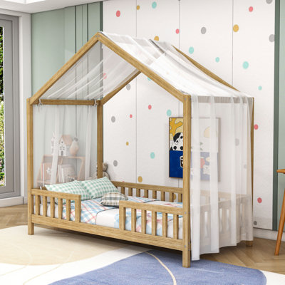 Enchanting Montessori Wooden House-Shaped Bed With Canopy