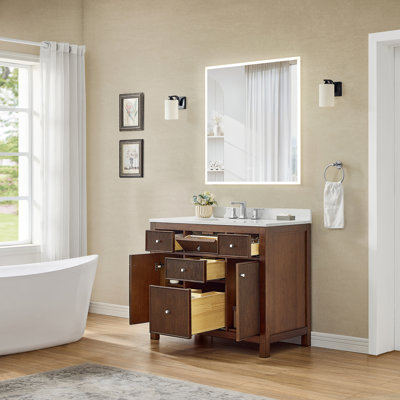 Meuble-lavabo simple 42 po Pendry en noyer foncé, comptoir en quartz Giotto, lavabo carré encastrable (3 trous), garniture noir mat