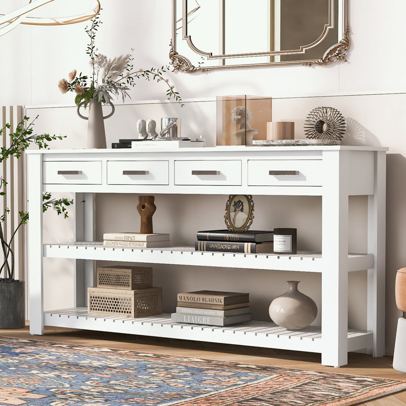 Console en bois avec 4 tiroirs et 2 tablettes, Blanc