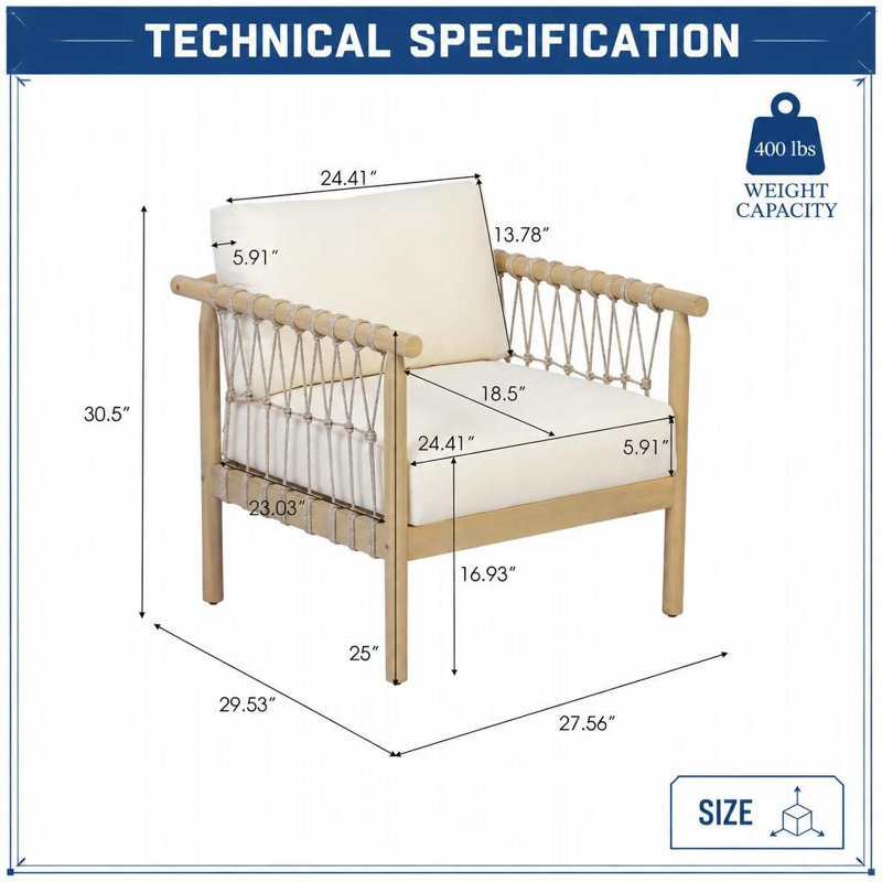 Oversized Outdoor Lounge Armchair with Woven Rope Armrests, Solid Acacia Wood Frame, Thick Padded Cushions, Weather-Resistant Patio Seating